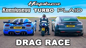 Koenigsegg v Tesla Plaid v Turbo Hayabusa DRAG RACE 2