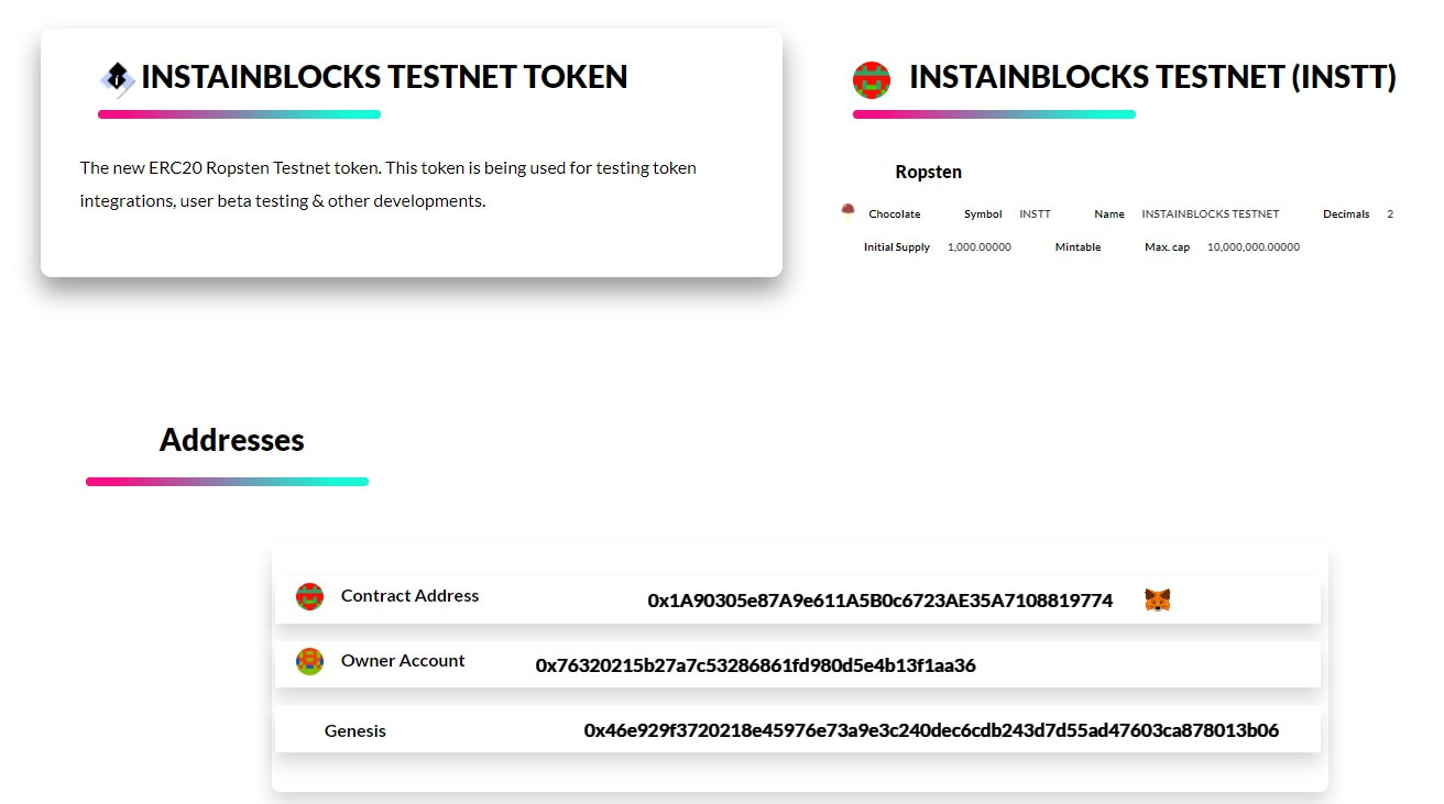 instainblocks testnet token contract address info